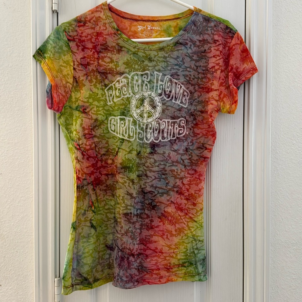 💚Girl Scouts Shirt Tag Size L 11/12 13/14 Peace Love Camp Fun Tie Dyed